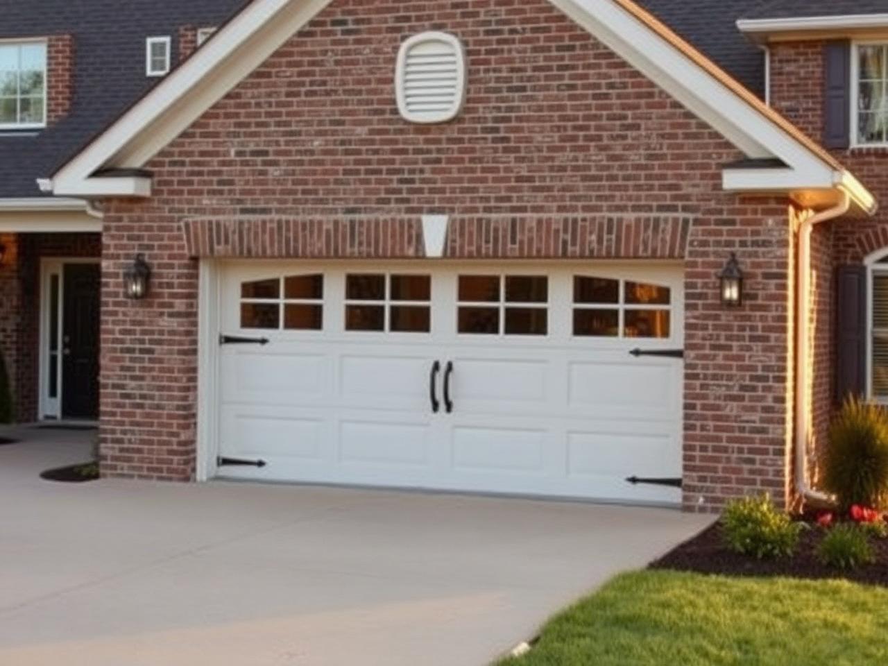 White carriage-style garage door newly installed on a Webster Groves brick home