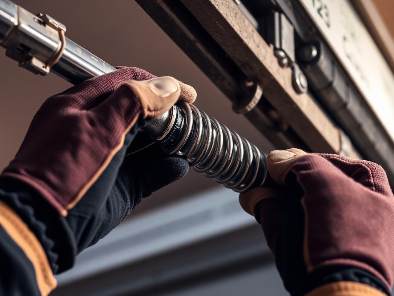 Technician installing a new torsion spring on a residential garage door in Ballwin